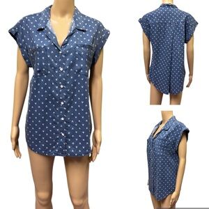 Jachs Girlfriend Tencel Arrow Printed Chambray Button Up Double Pocket Shirt M